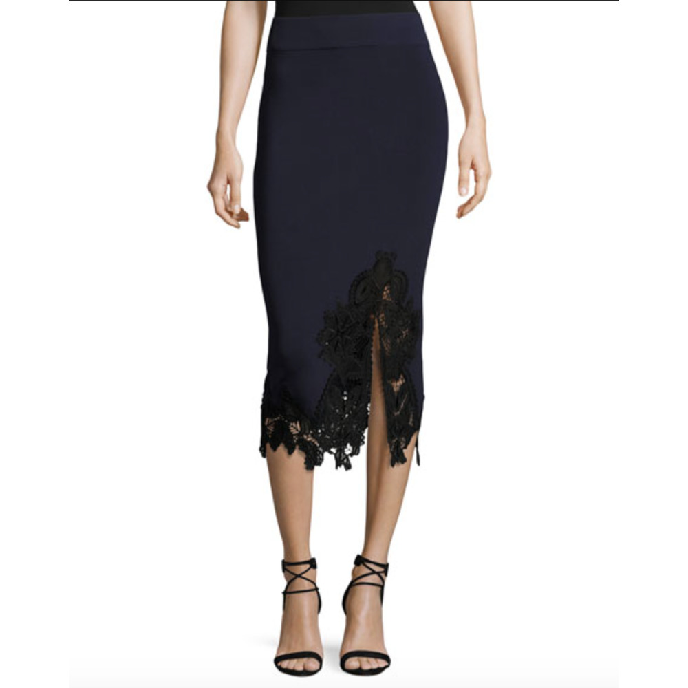 NWT Jonathan Simkhai Applique Knit Midi Bodycon Pencil Skirt Slit Black 0